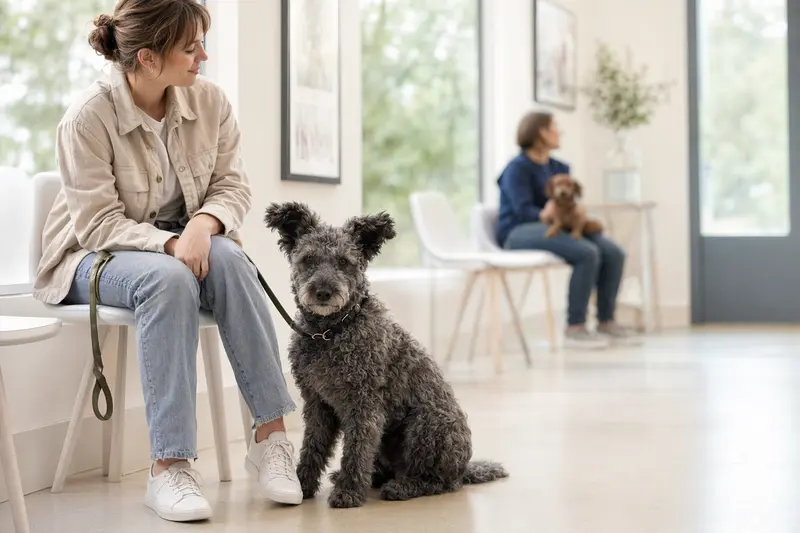 Ein Pumi Hund sitzt ruhig neben seinem Besitzer im hellen Wartezimmer einer modernen Tierarztpraxis.